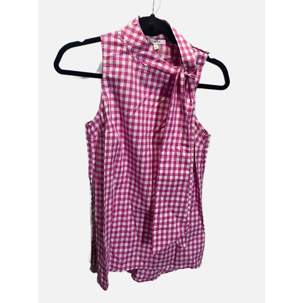 Tyler Boe Ella Gingham Blouse Womens XS Pink Tie Neck Sleeveless Preppy Classic